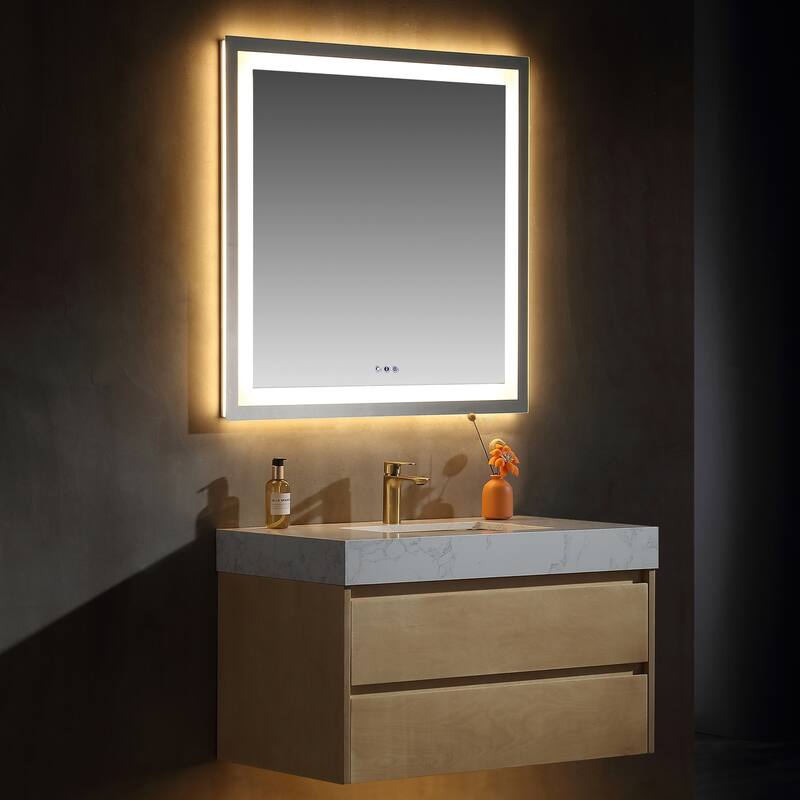 Modland 36" Wall-Mount Bathroom Vanity with LED Base Light & Engineered Stone Top - Soft-Close Drawers, Maple Yellow - 36 inch