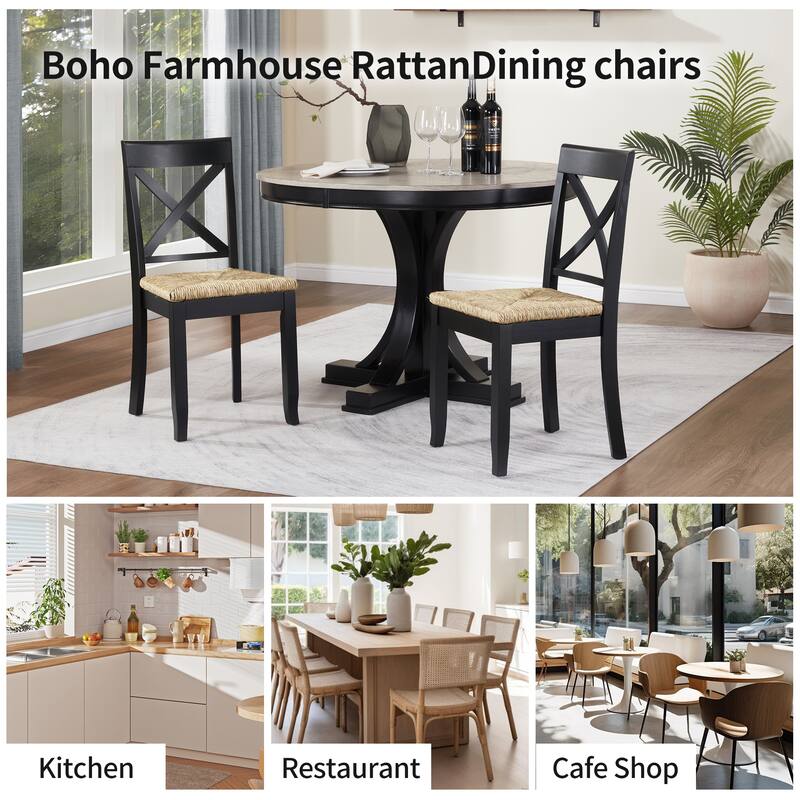 Bohemian 17" W Natural Weave Seagrass Rattan Seat Cross Back Dining Chairs