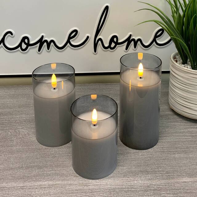Mirrored Glass LED Flameless Candle Set of 3 - 3" Diameter x 4", 5", 6" high - Grey