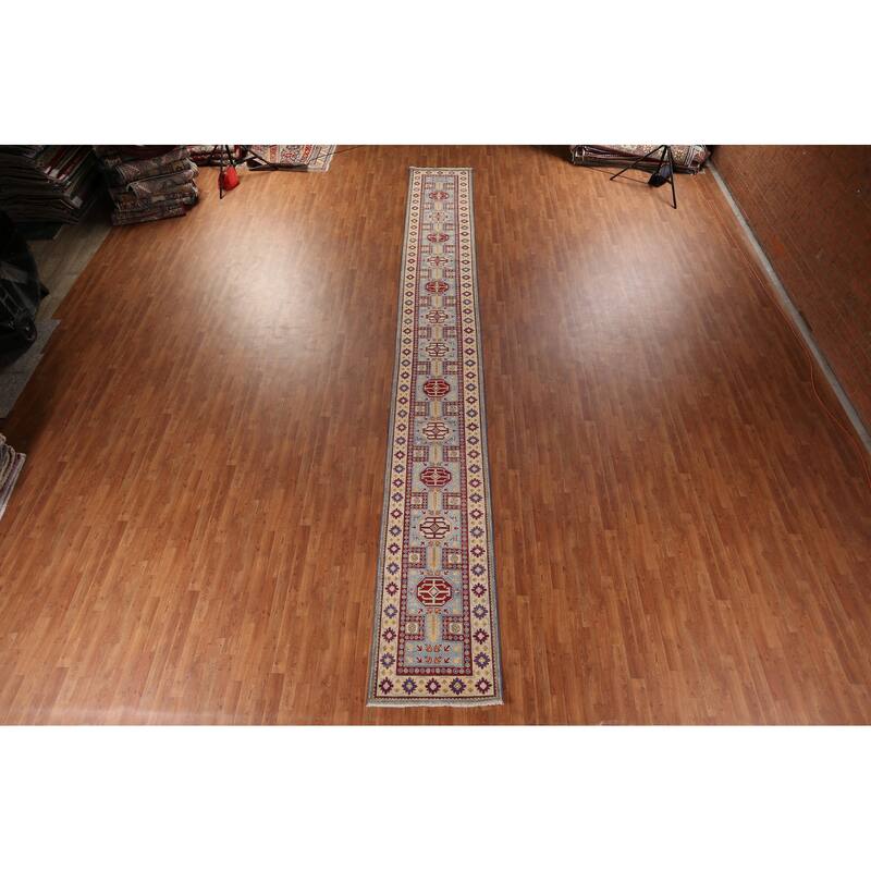 Blue Kazak Oriental Runner Rug Hand-Knotted Wool Carpet - 2'7" x 20'7"