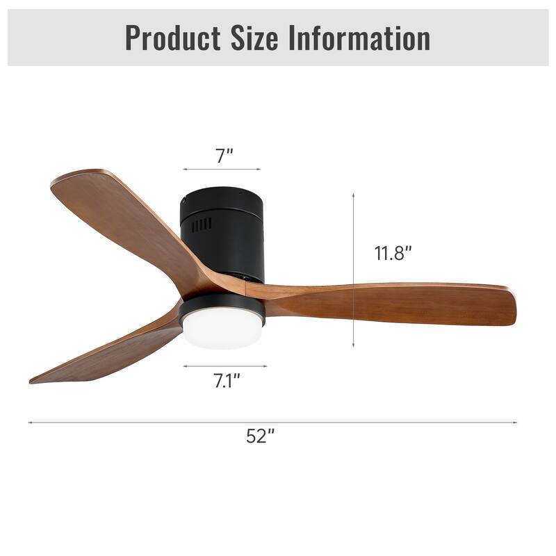 Sofucor 42/52 Inch Low Profile Flush Mount Ceiling Fan with Light,Remote Control,Solid wood/ABS Blades,Reversible Quiet DC Motor