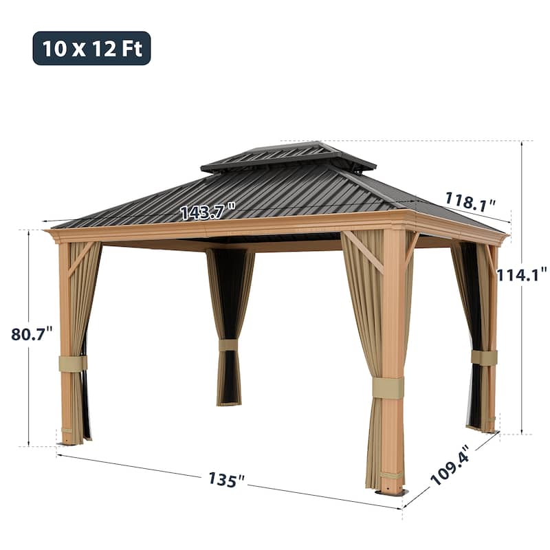 12x10ft Outdoor Double-Roof Aluminum Gazebo with Curtains and Mosquito Netting