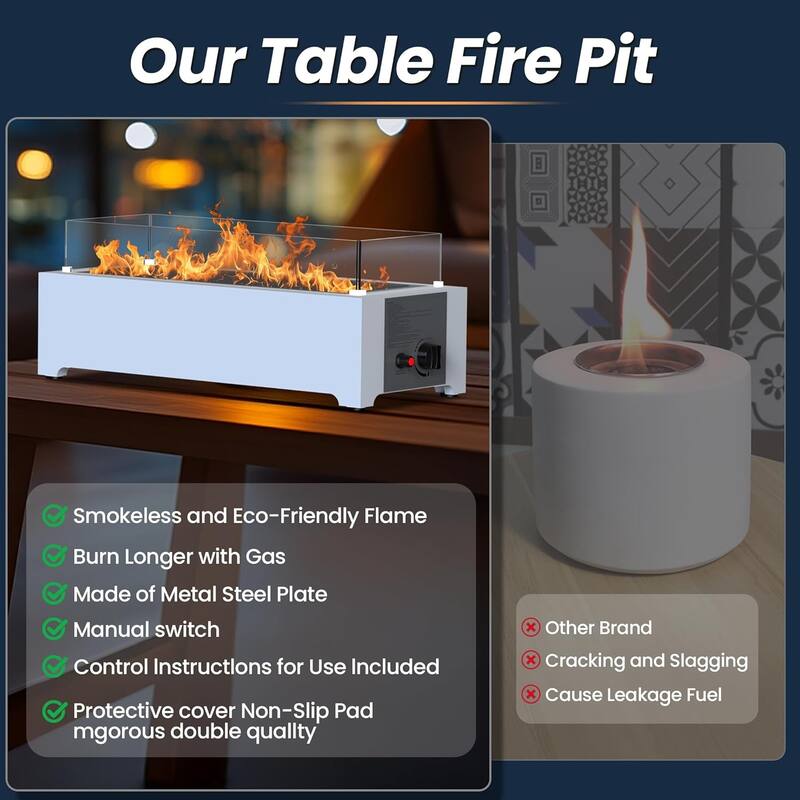 EROMMY 28" Propane Tabletop Fire Pit, 40,000 BTU Stainless Steel, Indoor/Outdoor Use with Wind Guard & Glass Rocks