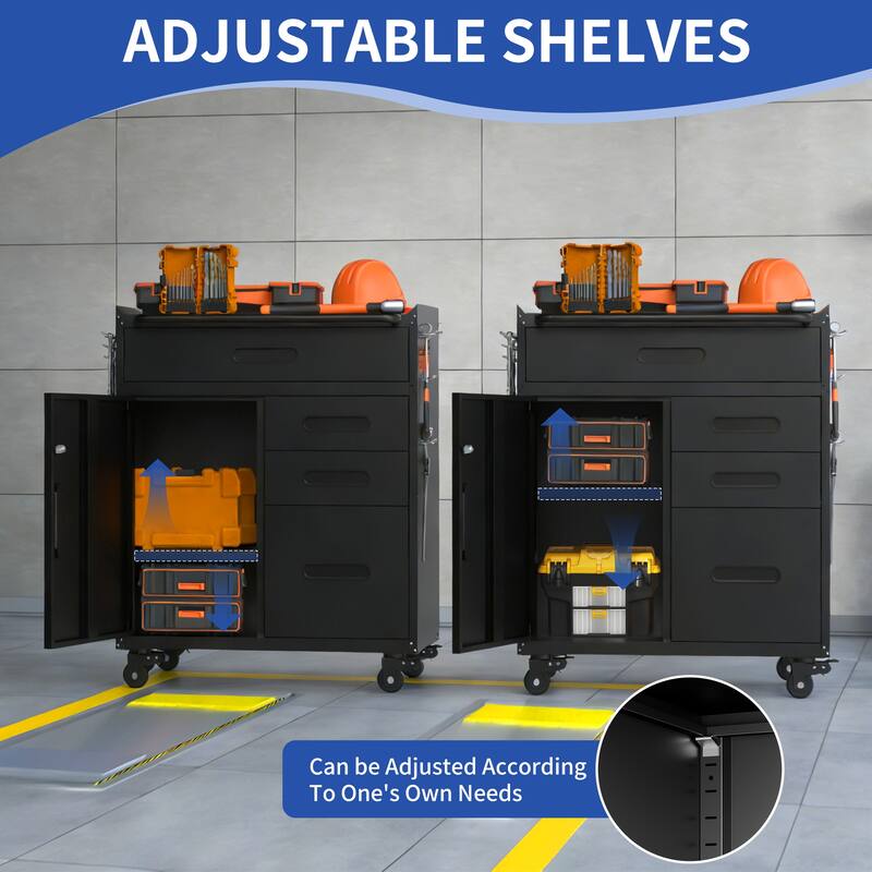 34.3" Mobile Tool Storage Cabinet - Garage Organizer with Lockable Compartment & 4 Drawers, Rolling Steel Chest