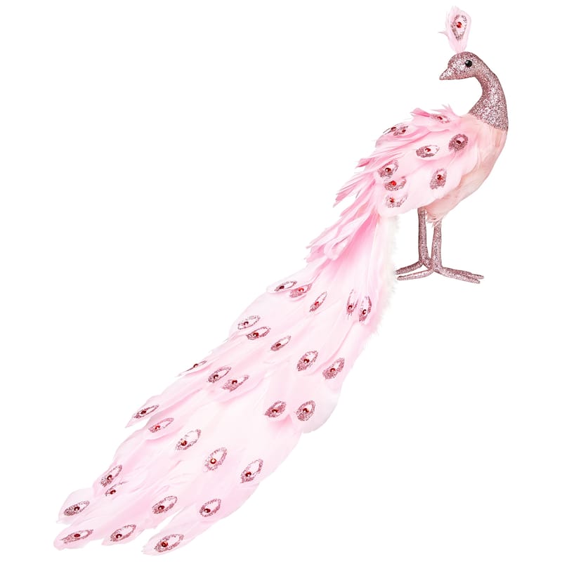 Peacock with Glitter and Faux Jewels Christmas Decoration - 20" - Light Pink