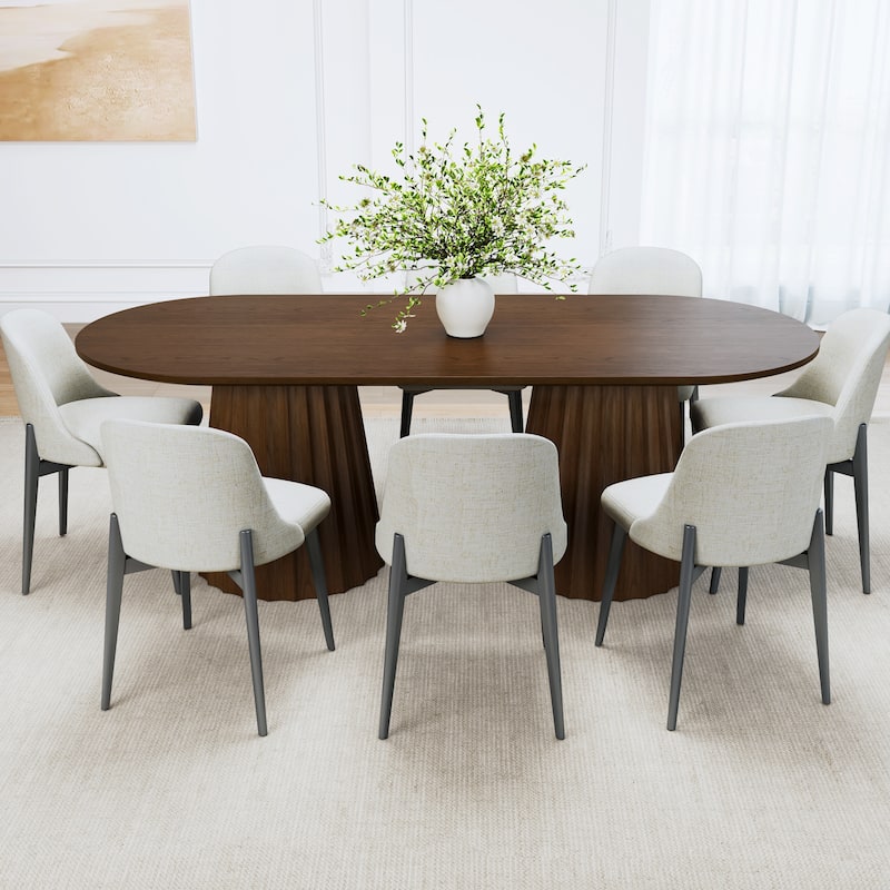 86" Modern Oval Dining Table Set with 8 Upholstered Chairs Textured Wood Top & Dual Pleated Pedestal Base - Walnut