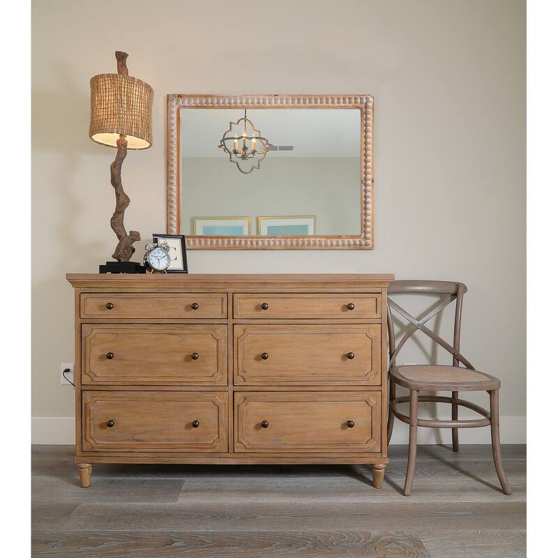 Wood Framed Rectangle Mirror - Farmhouse Beaded Design, Wall-Mounted Vanity Mirror - Antique Natural