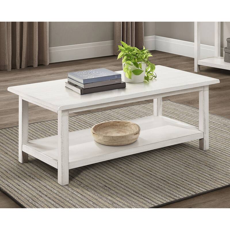 Castleton Wood Coffee Table with Shelf - Distressed White