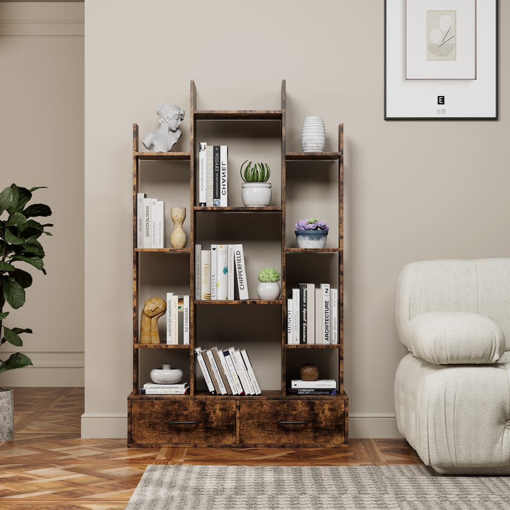 GDFStudio - Rustic Brown Industrial Freestanding Open Bookshelf with 2 Drawers and 12 Storage Shelves