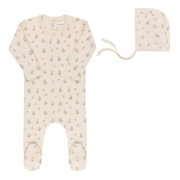 slide 2 of 6, Ely's & Co. Garden Floral Print Collection - Footie + Bonnet Ivory Girl - 1 Month