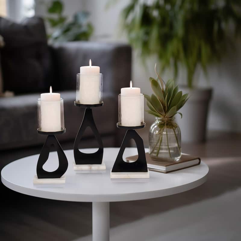 Candle Holders Set of 3 - Metal Marble Base, 13/15" - Black - 15.0"