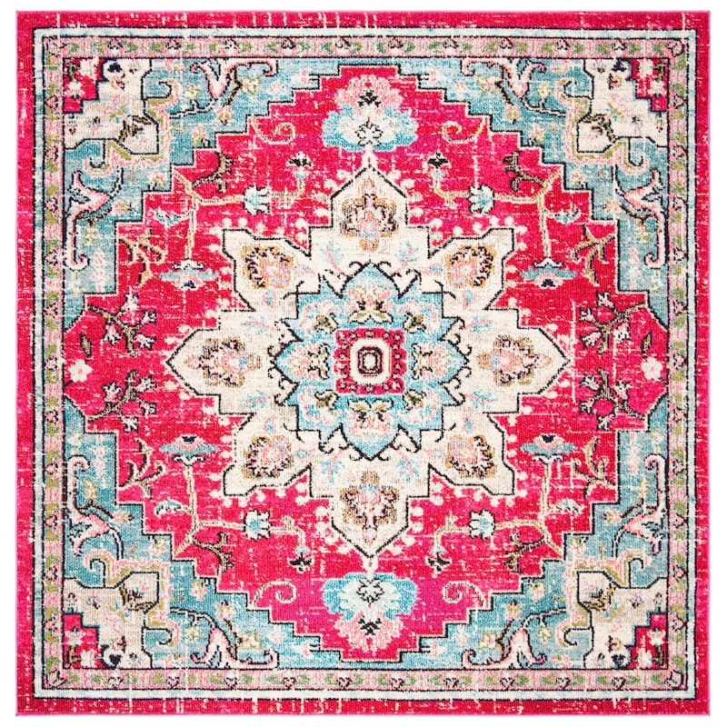 SAFAVIEH Madison Diederike Boho Medallion Distressed Rug - 6'7" Square - Fuchsia/Blue - Square