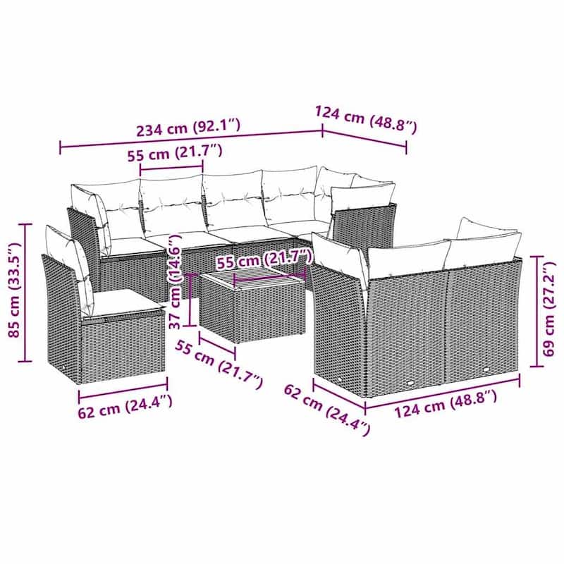 vidaXL Patio Sofa Set with Cushions Outdoor Furniture 9 Piece Poly Rattan - 24.4 x 24.4 x 27.2