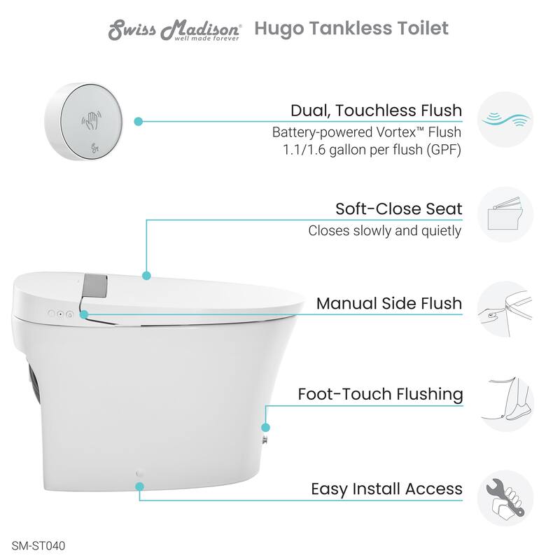 Hugo Smart Tankless Elongated Toilet, Touchless Vortex Dual-Flush 1.1/1.6 gpf - White