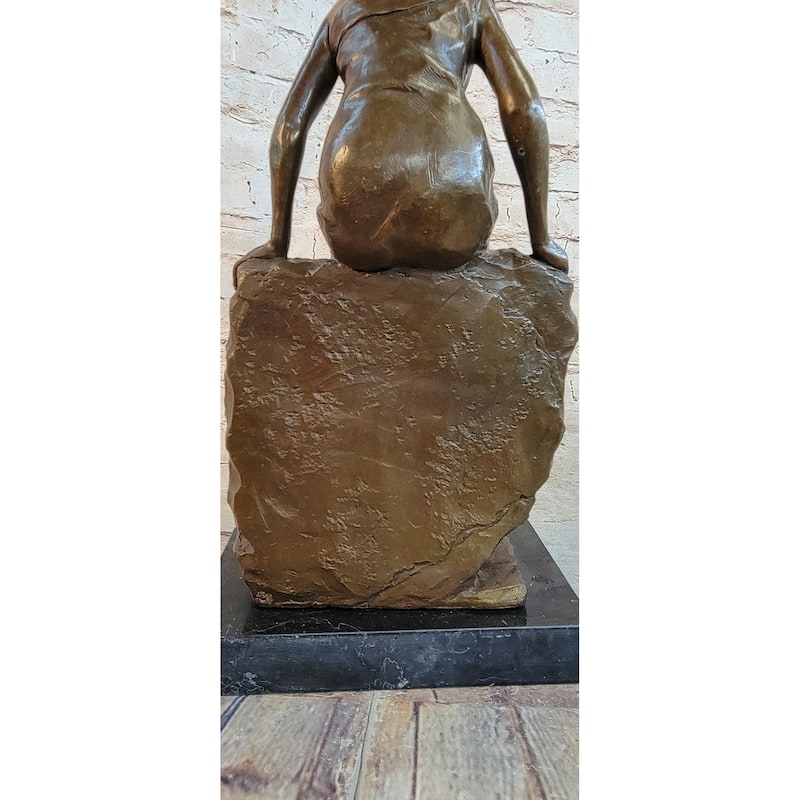 Classical Woman Sitting On A Rock Wall Bronze Sculpture Statue Figure On Marble Base