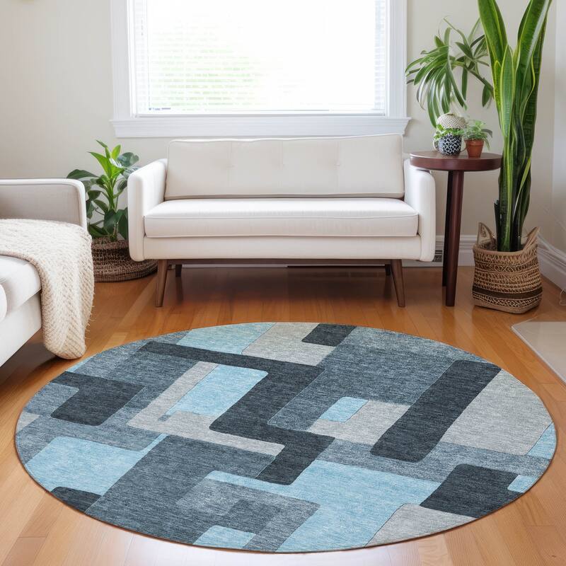 Machine Washable Indoor/ Outdoor Contempoary Blocks Chantille Rug