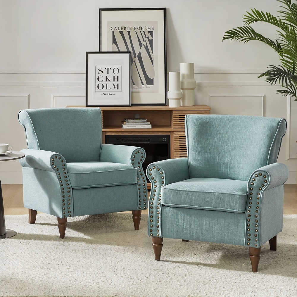 Nyctelius Upholstered Comfy Accent chair with Turned Wooden Legs and Nailhead Trim Set of 2 by HULALA HOME