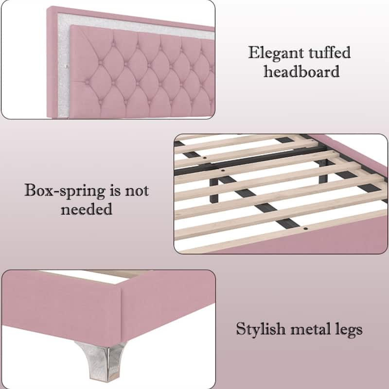 Modern Velvet Platform Bed with Tufted Headboard