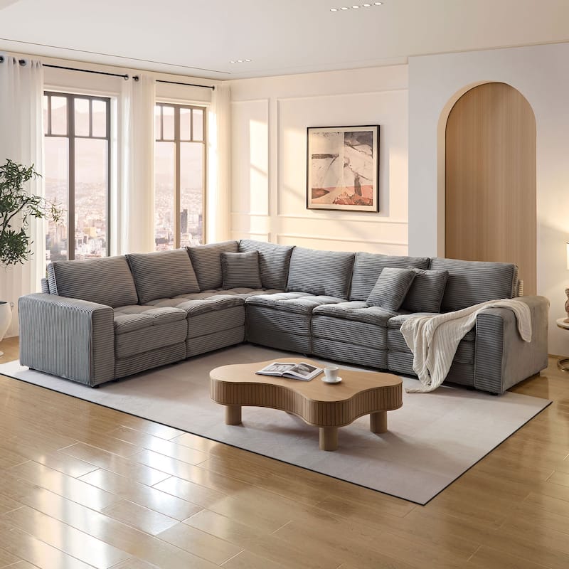 Oversized Sectional Sofa L Shaped Corner Couch Corduroy Upholstery Convertible Sleeper Sofa Couch