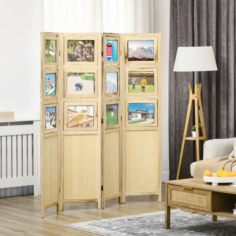 4 Panel Room Divider with Photo Frames and Cardstocks for Home Office - Natural