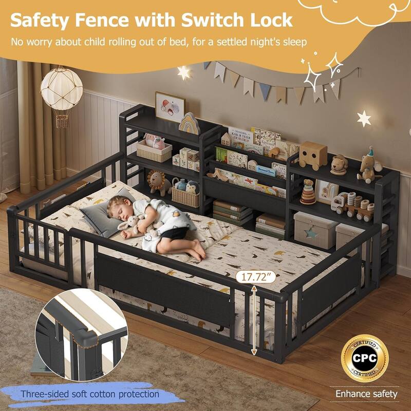 Twin Floor Bed for Kids with High Fence Door Storage Bookcase & Shelf