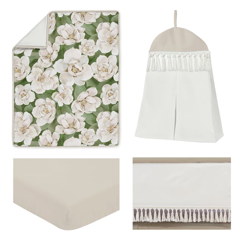 Sweet Jojo Designs Boho Flower Floral Girl Nursery Crib Bedding Set Ivory Shabby Chic Bohemian Watercolor Garden Modern Fringe