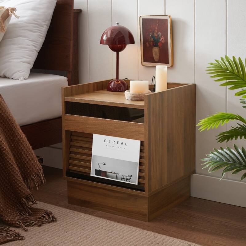 Mid Century Modern Nightstand with Charging Station and LED lights, 2 Drawers for Living Room - Brown