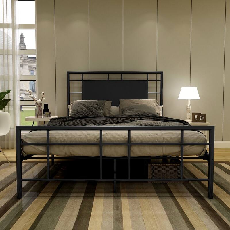 Alazyhome Modern Design Black Metal Platform Bed Frame with Headboard - Black - Full