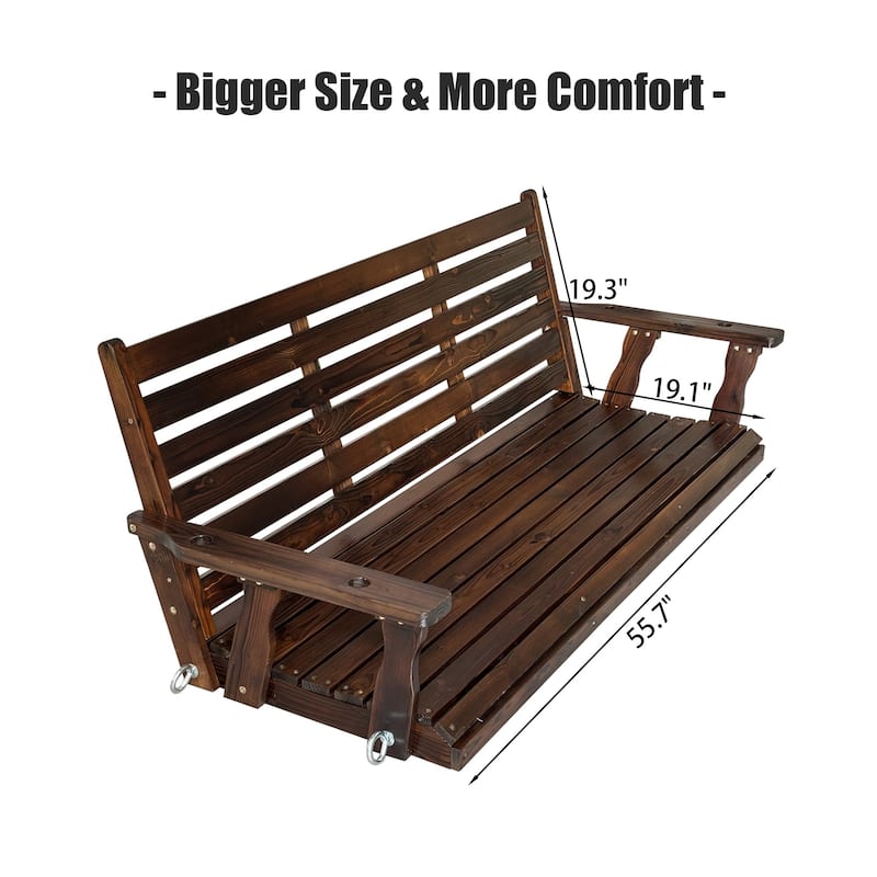 Wooden Porch Swing with Hanging Chains and 7mm Springs for Outdoor Patio Garden Yard