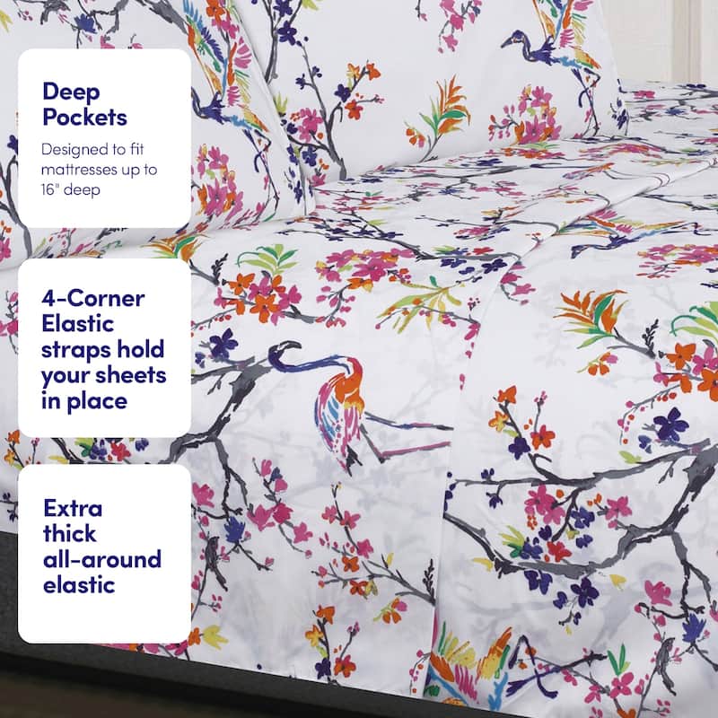 Sweet Home Collection Botanical 4 Piece Printed Sheet Set, Double Brushed Microfiber