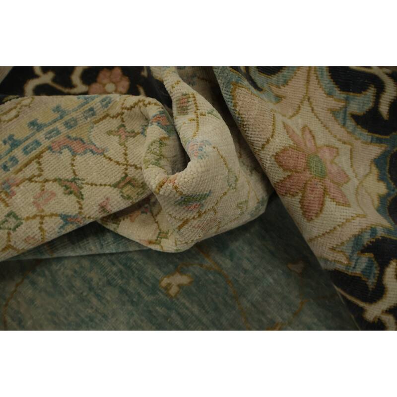 Hand Knotted Oriental 100% Wool Carpet Transitional Floral Navy Blue & Blues Oushak Area Rug - 12' 10'' X 9' 8''