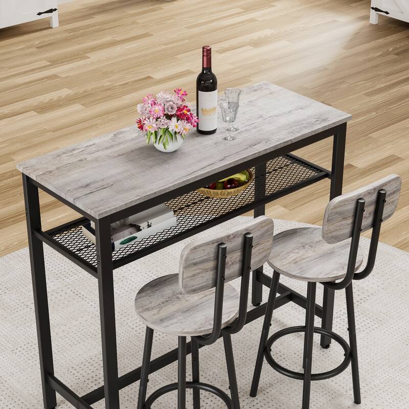 3 Piece Bar Table Set, Bar Table and Chairs Set of 2 with Metal Frame and Storage Rack