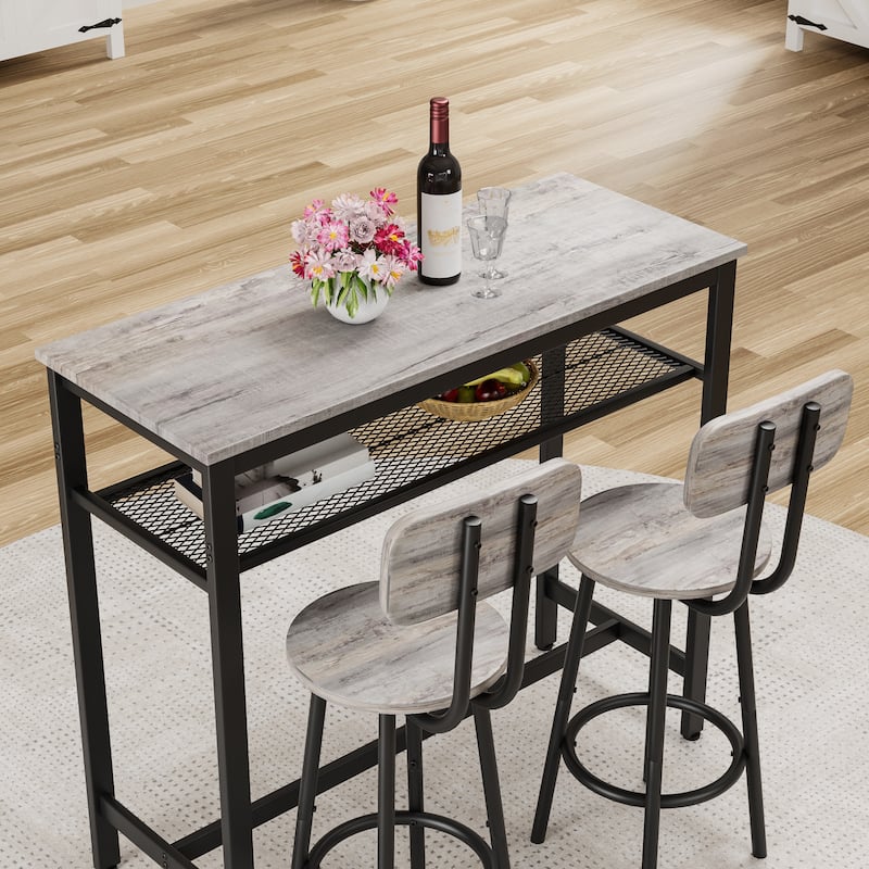 3-Piece Counter Height Table Set with 2 Foldable Stools, Grey Bar Table Set Kitchen Bistro Set with Storage Shelf