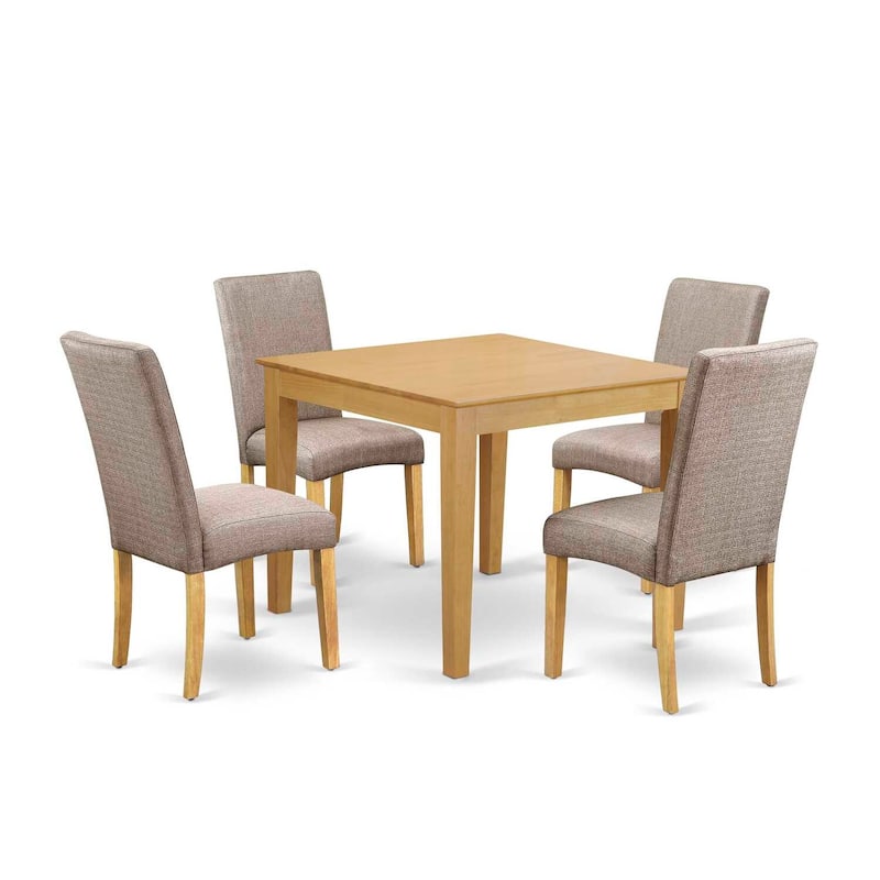 Country Cottage Dining Set - 5Pc Square Table & 4 Chairs - Linen Fabric - Oak Finish
