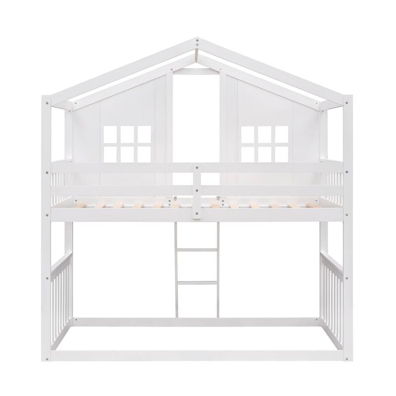 Roomfitters Twin Over Twin House Bunk Bed with Ladder, Playhouse Design Wood Frame