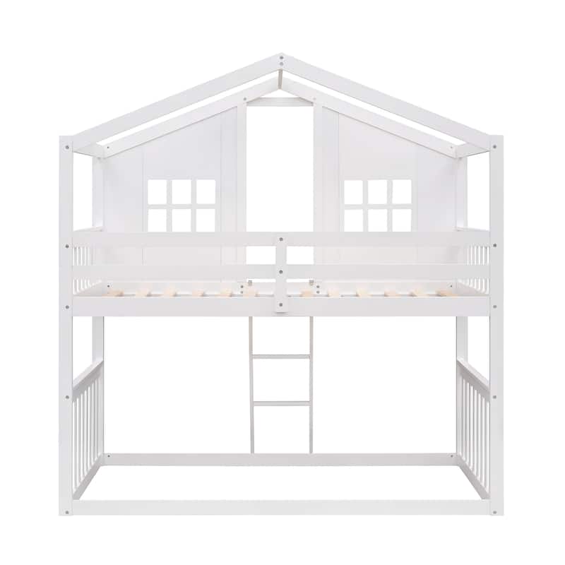 Twin Over Twin Wooden House Bunk Bed, Playhouse-Inspired Design with Ladder and Window, Solid Pine