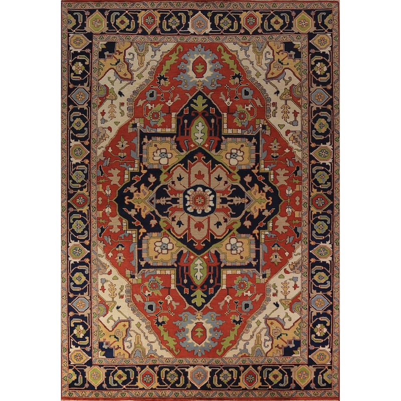 Orange Medallion Heriz Serapi Indian Large Rug Handmade Wool Carpet - 9'11"x 13'9"