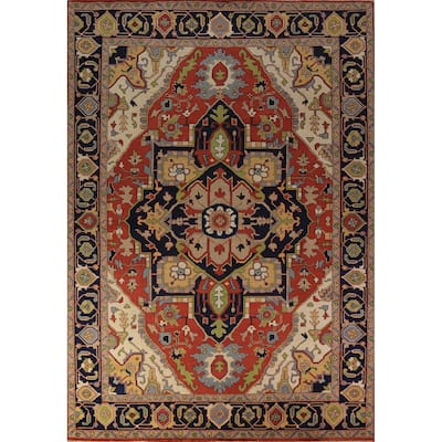 Orange Medallion Heriz Serapi Indian Large Rug Handmade Wool Carpet - 9'11"x 13'9"