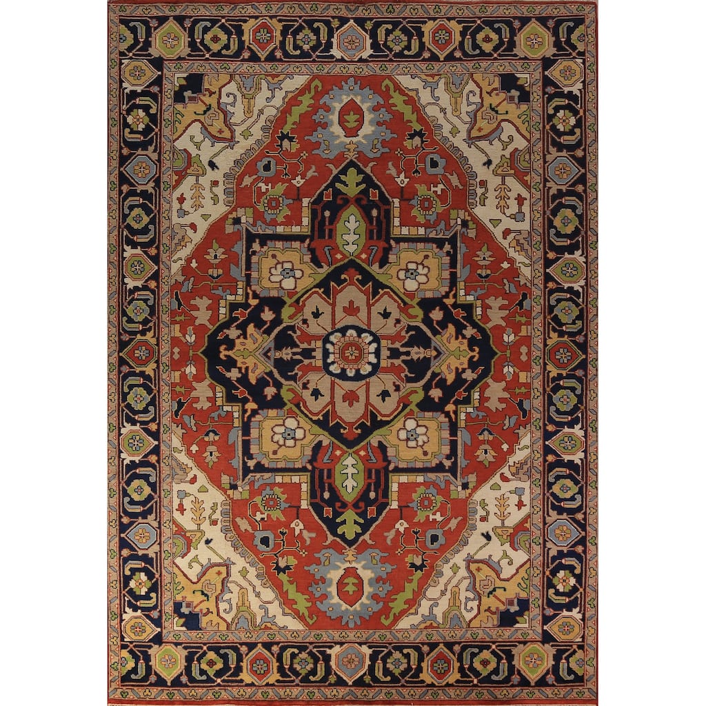 Orange Medallion Heriz Serapi Indian Large Rug Handmade Wool Carpet - 9'11"x 13'9"