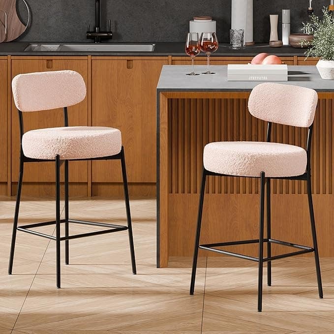 XINMICS 24 Inches Modern Counter Height Bar Stools with Curved Back Metal Legs, Upholstered Boucle Barstools, Set of 2/3/4 - Set of 2 - Beige - Counter Height