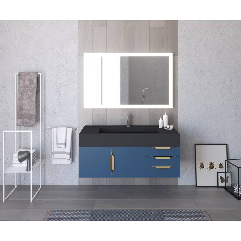 Nile 48" Wall Mounted Bathroom Vanity Set w/ Black Top