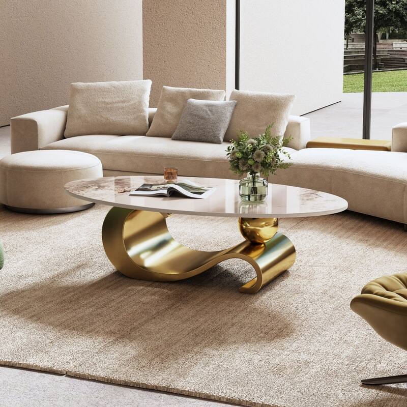 Modern Oval Faux Marble Coffee Table with Curved Stainless Steel Base - Gold