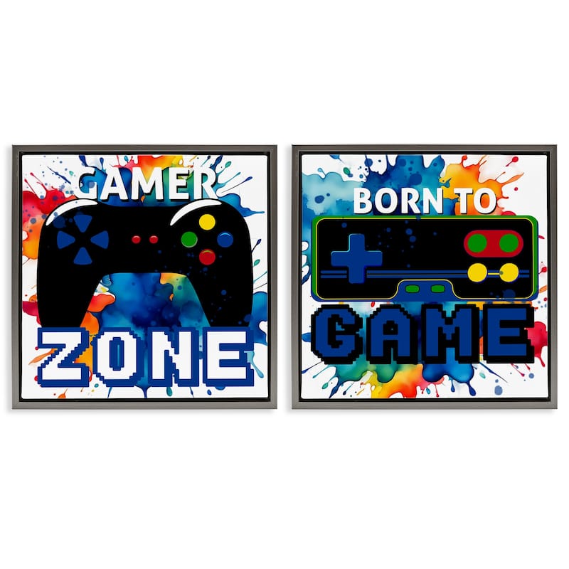 Stupell Gamer Zone on Splash Framed Floater Canvas Wall Art Design By Kim Allen (Set of 2) - 25 x 25 - Grey