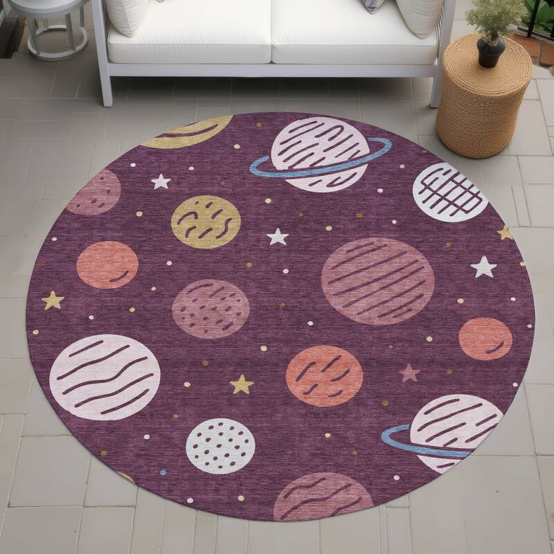 Machine Washable Indoor/ Outdoor Modern Planets Chantille Rug - Eggplant - 8' x 8'