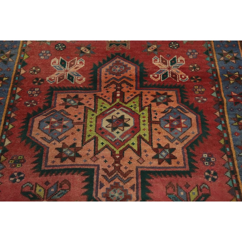Hand Knotted Oriental 100% Wool Carpet Traditional Geometric Oranges & Rust Heriz Runner Rug - 12' 0'' X 3' 7''