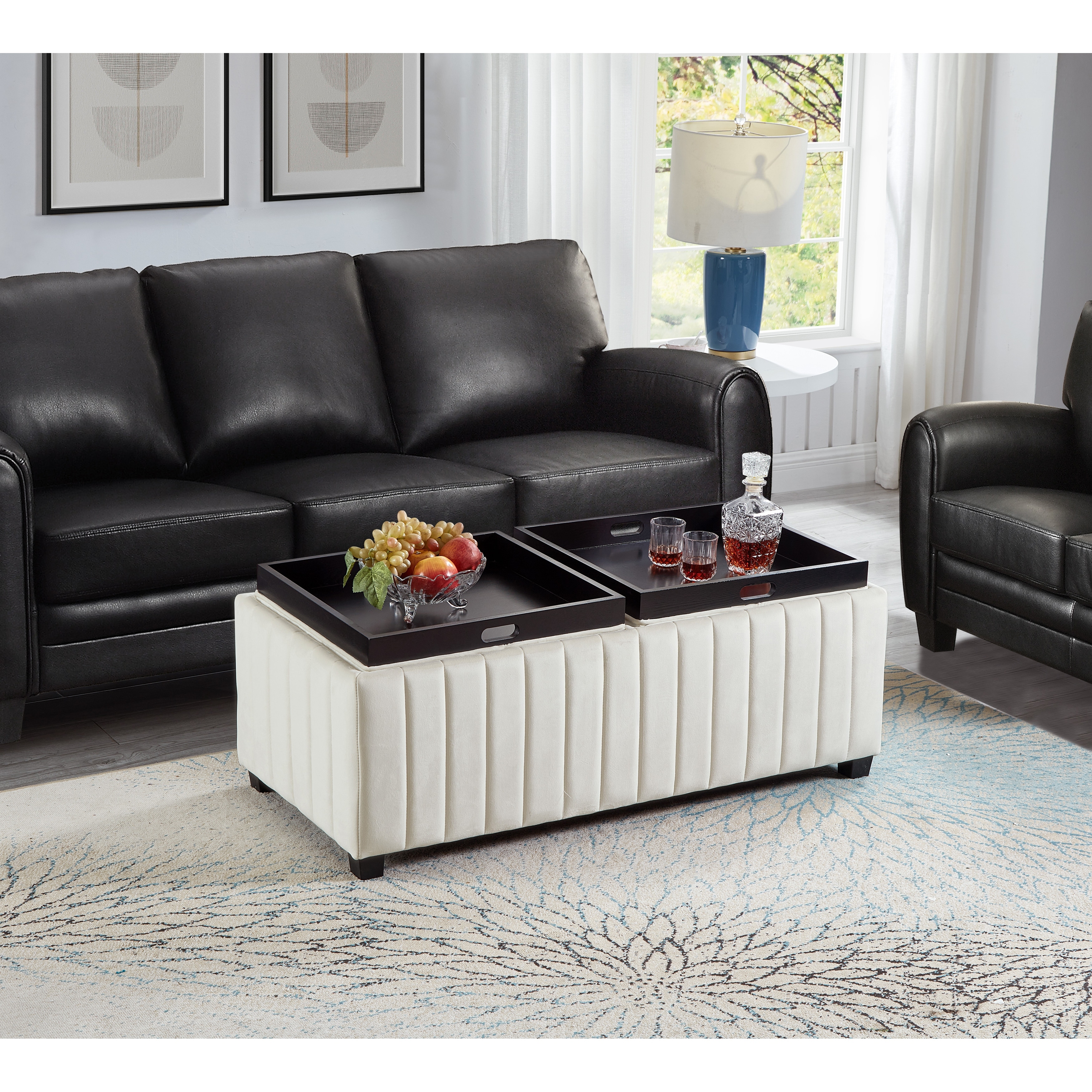 Contemporary Square Cube Storage Ottoman Bench With Coffee Tray