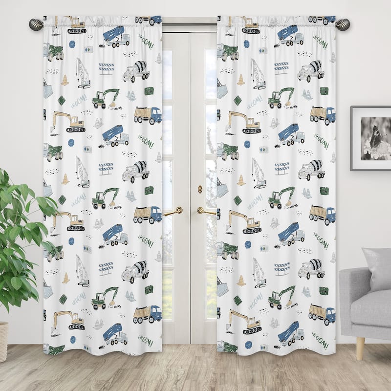 Construction Truck Collection 84-inch Window Treatment Curtain Panel Pair - Grey Yellow Black Blue and Green Transportation