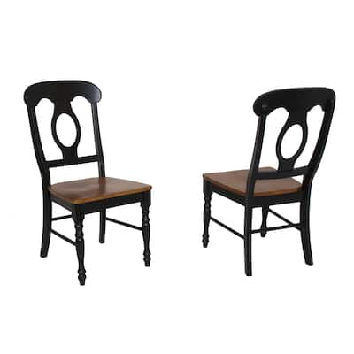 set of 2 antique black and brown curved back wooden dining chairs 38"