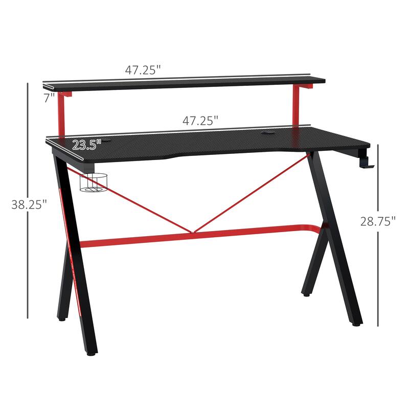 Racing Style Gaming Desk with Double Desktop, Carbon Fiber Top, and Cup Holder for Home Office