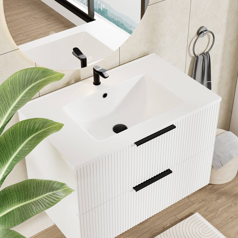 GDFStudio - Zen Modern Mid-Century Wall-Mounted Bathroom Vanity with 2 Soft Close Drawers & Large Storage Spaces, WITHOUT Sink